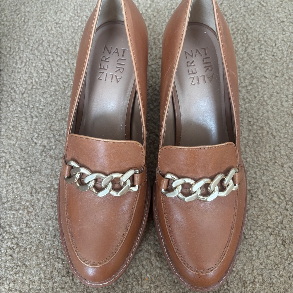 Naturalizer Brown Leather Chain-Trim Heels
